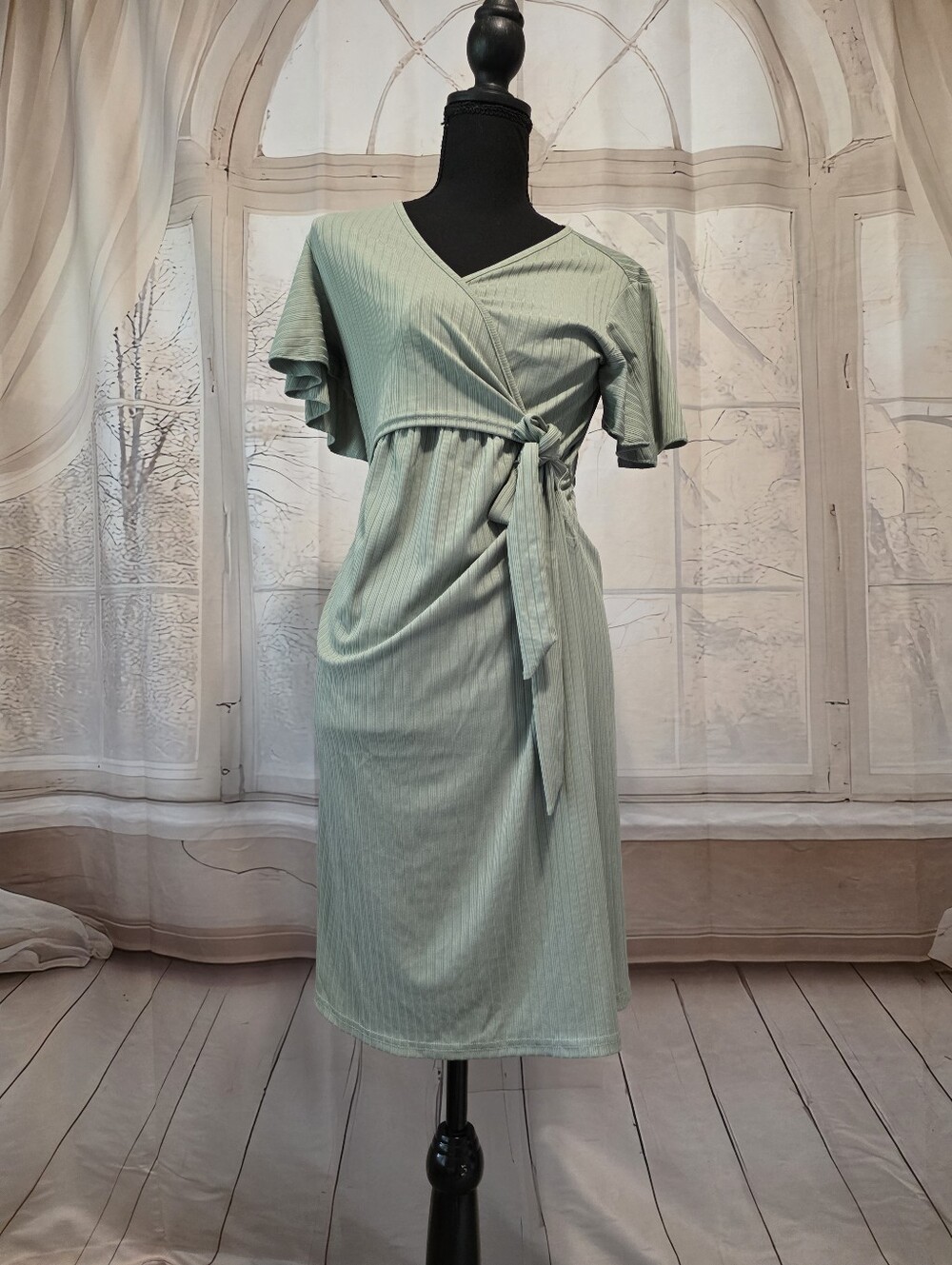 Wrap Front Sage Green Midi Dress with Tie Waist
